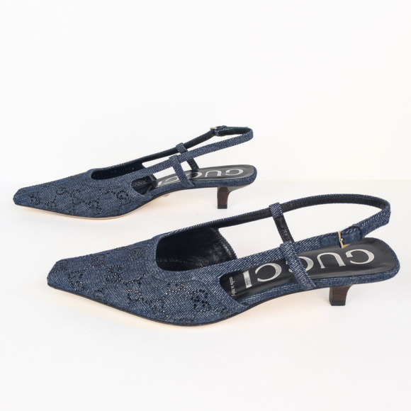 GUCCI Blue Denim GG Crystal Monogram Demi Slingback Pump Women's EU 38 / US 8 - Picture 5 of 13